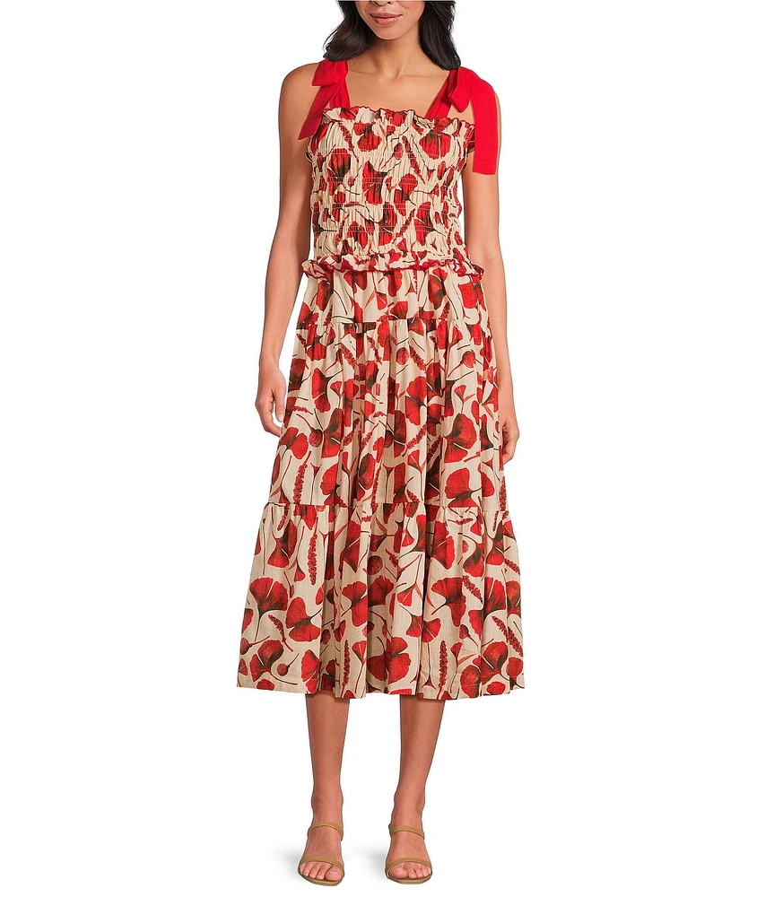 En Saison Josie Ginkgo Leaf Print Square Neck Sleeveless Midi Dress
