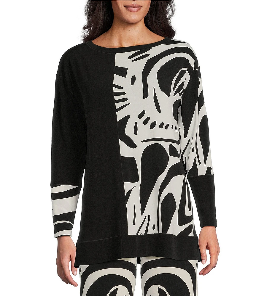 Eva Varro Abstract Print and Solid Combo Knit Jersey Boat Neck 3/4 Sleeve Tunic