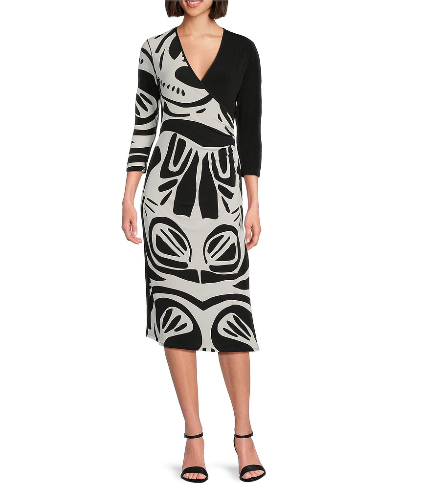 Eva Varro Abstract Print and Solid Combo Knit Jersey V-Neck 3/4 Sleeve Faux-Wrap Midi Dress
