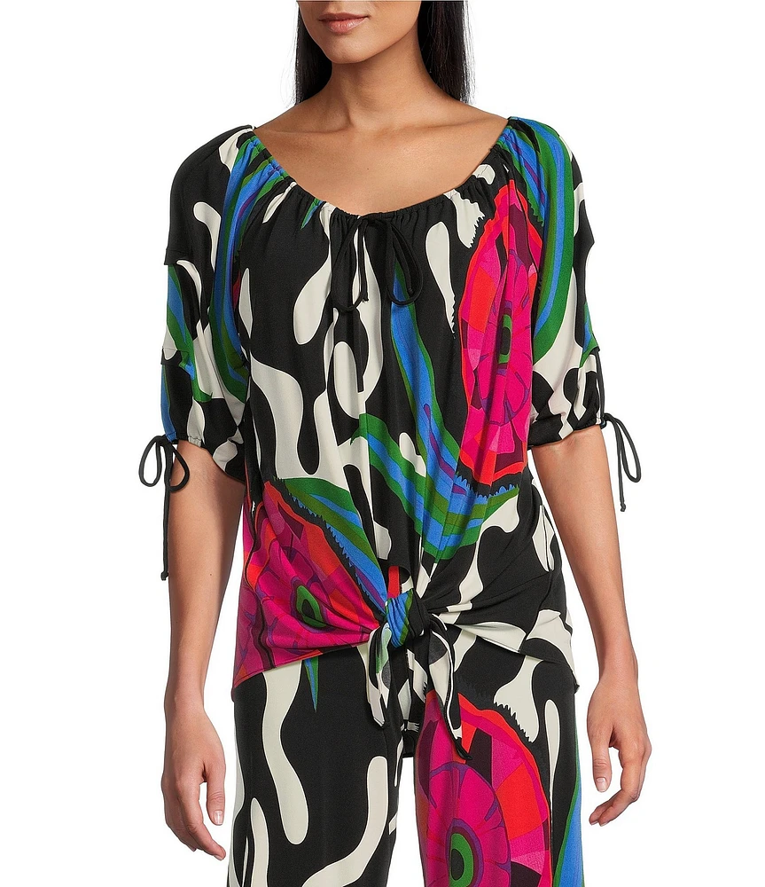 Eva Varro Abstract Print Boat Neck 3/4 Blouson Sleeve Pleated Tie Top