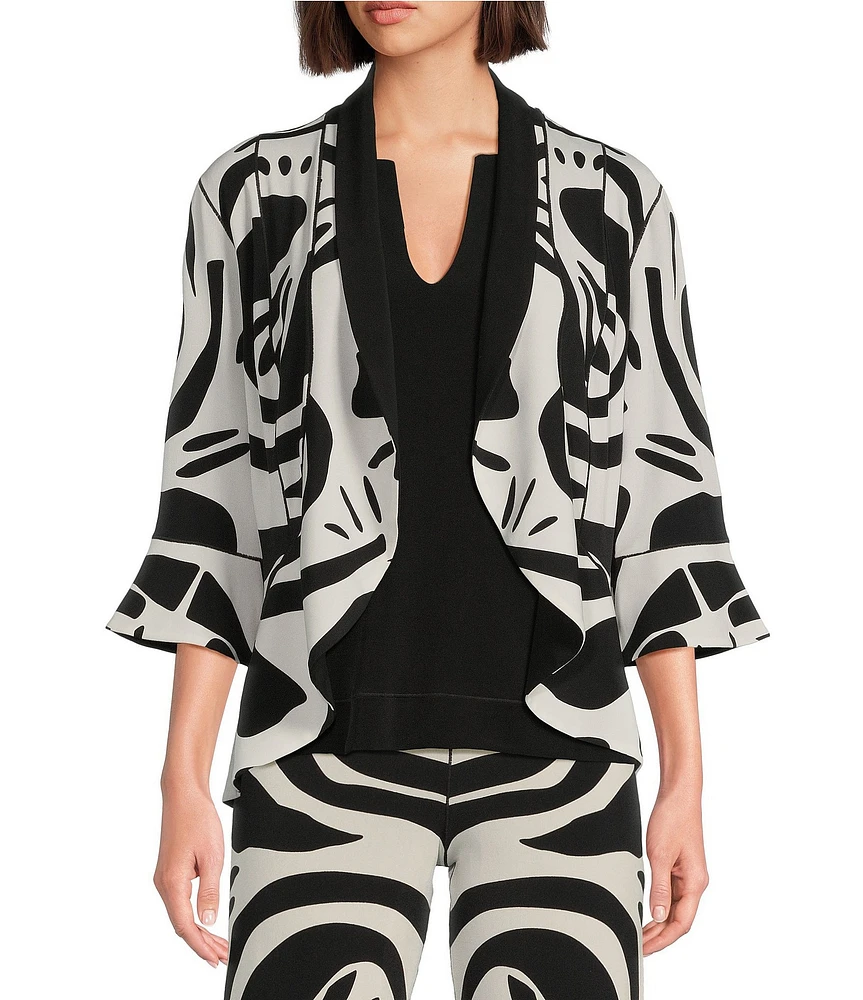 Eva Varro Abstract Print Knit Jersey Shawl Collar 3/4 Sleeve High-Low Peplum Jacket