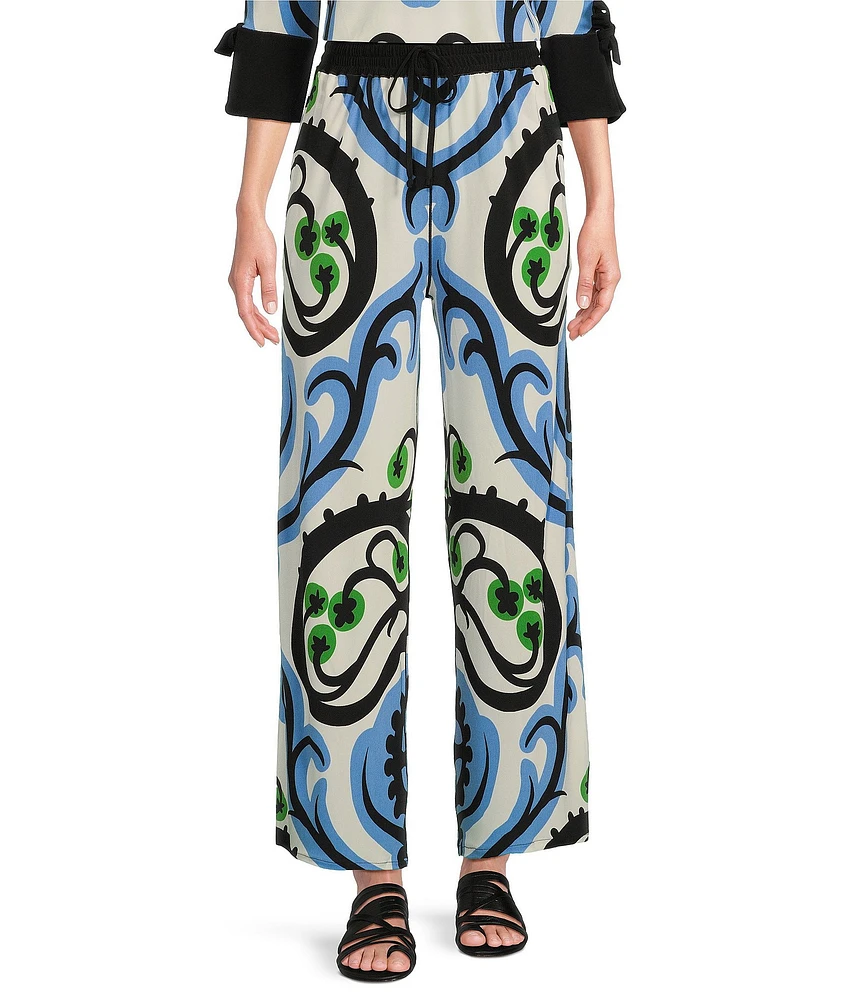 Eva Varro Baroque Print Knit Jersey Drawstring Elastic Waist Straight Leg Pants