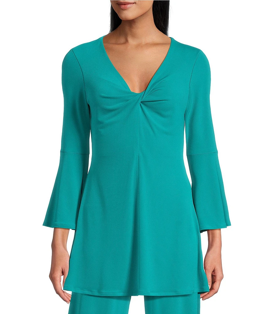 Eva Varro Knit Jersey Twist V-Neck 3/4 Bell Sleeve A-Line Flowy Tunic