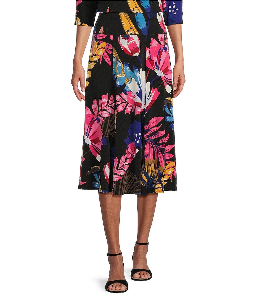 Eva Varro Tropical Print Knit Jersey Elastic Waist A-Line Midi Skirt