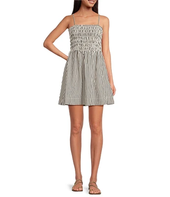 Every Knit Striped Square Neck Sleeveless Smocked A-Line Mini Dress