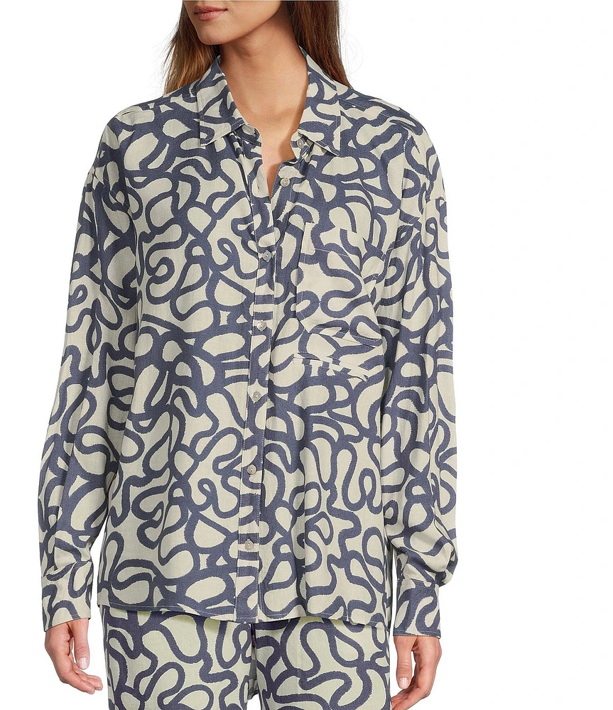 Every Linen Doodle Print Linen Blend V-Neck Long Sleeve Button Front Coordinaitng Blouse
