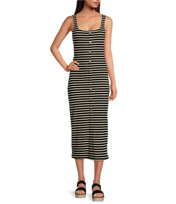 Every Stretch Knit Stripe Print Scoop Neck Sleeveless Midi Dress