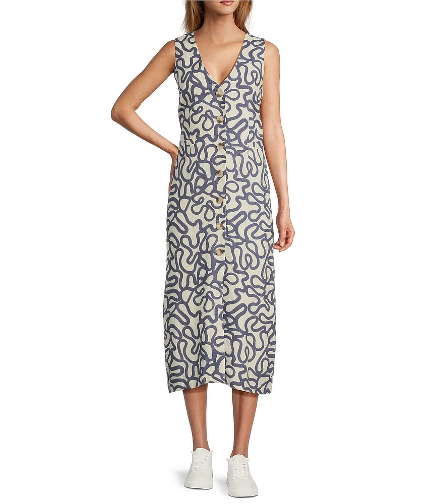 Every Woven Doodle Print V-Neck Sleeveless Button Front Shift Midi Dress
