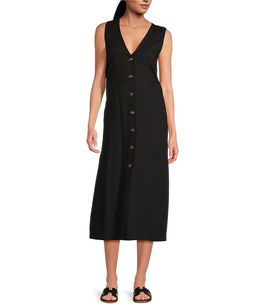 Every Woven V-Neck Sleeveless Button Front Midi Shift Dress