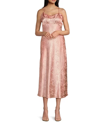 Evolutionary Bow Print Ruffled Scoop Neck Spaghetti Strap Slip Dress