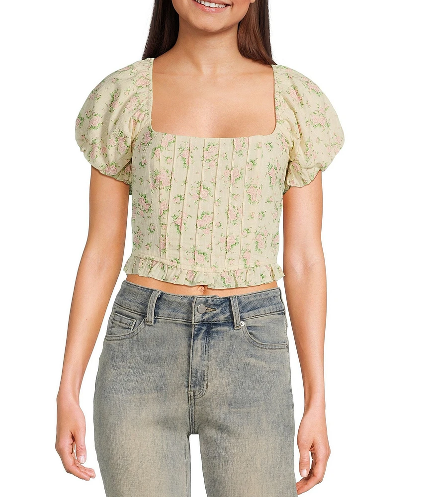 Evolutionary Floral Print Square Neck Short Puff Sleeve Top