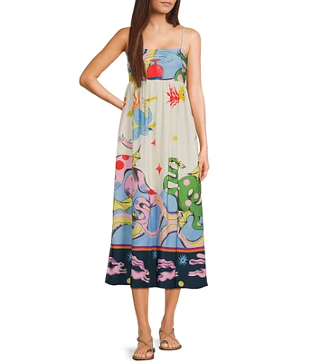 Evolutionary Sleeveless Spaghetti Strap Linen Texture Print Dress