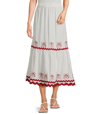Evolutionary Solid Linen Cherry Ricrac Trim Coordinating Midi Skirt