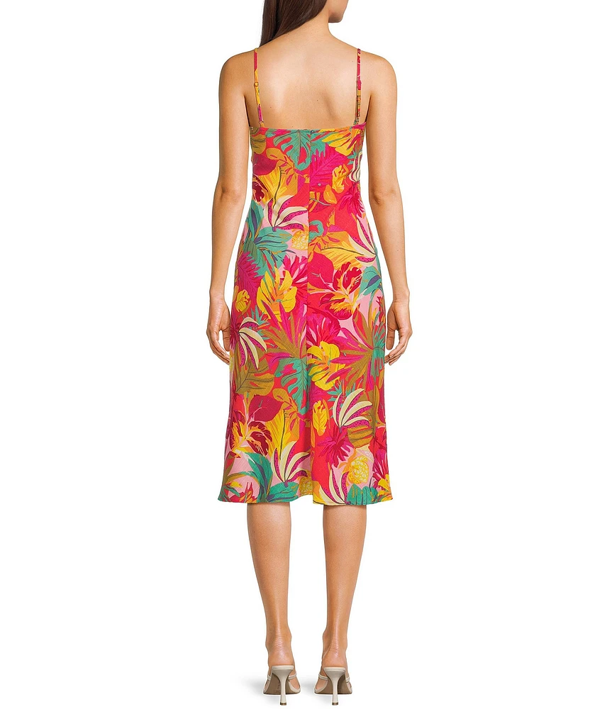 Evolutionary Tropical Printed V-Neck Side Slit Slip Dress