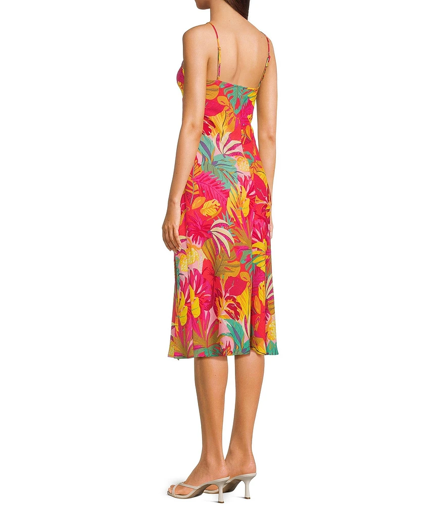 Evolutionary Tropical Printed V-Neck Side Slit Slip Dress