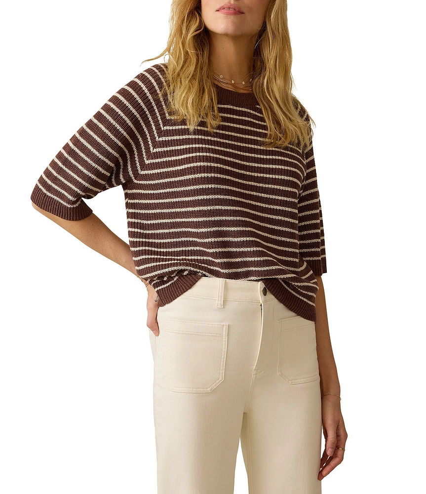 Faherty Miramar Organic Cotton Linen Blend Knit Striped Crew Neck Short Sleeve Tee