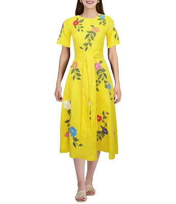 Fanm Mon Jess Floral Embroidered Crew Neckline Short Sleeve Belted Midi Dress