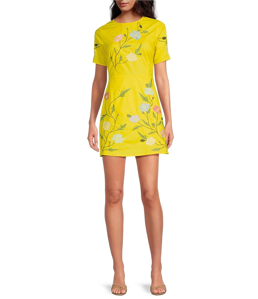 Fanm Mon Joe Floral Embroidered Crew Neck Short Sleeve Mini Dress
