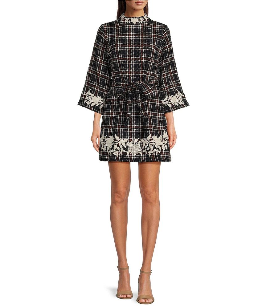 Fanm Mon Layla Tweed Floral Embroidered Mock Neck Wide 3/4 Sleeve Tie Waist Dress