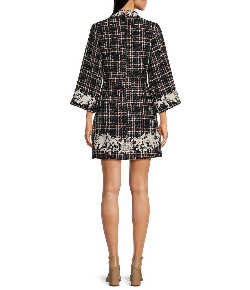 Fanm Mon Layla Tweed Floral Embroidered Mock Neck Wide 3/4 Sleeve Tie Waist Dress