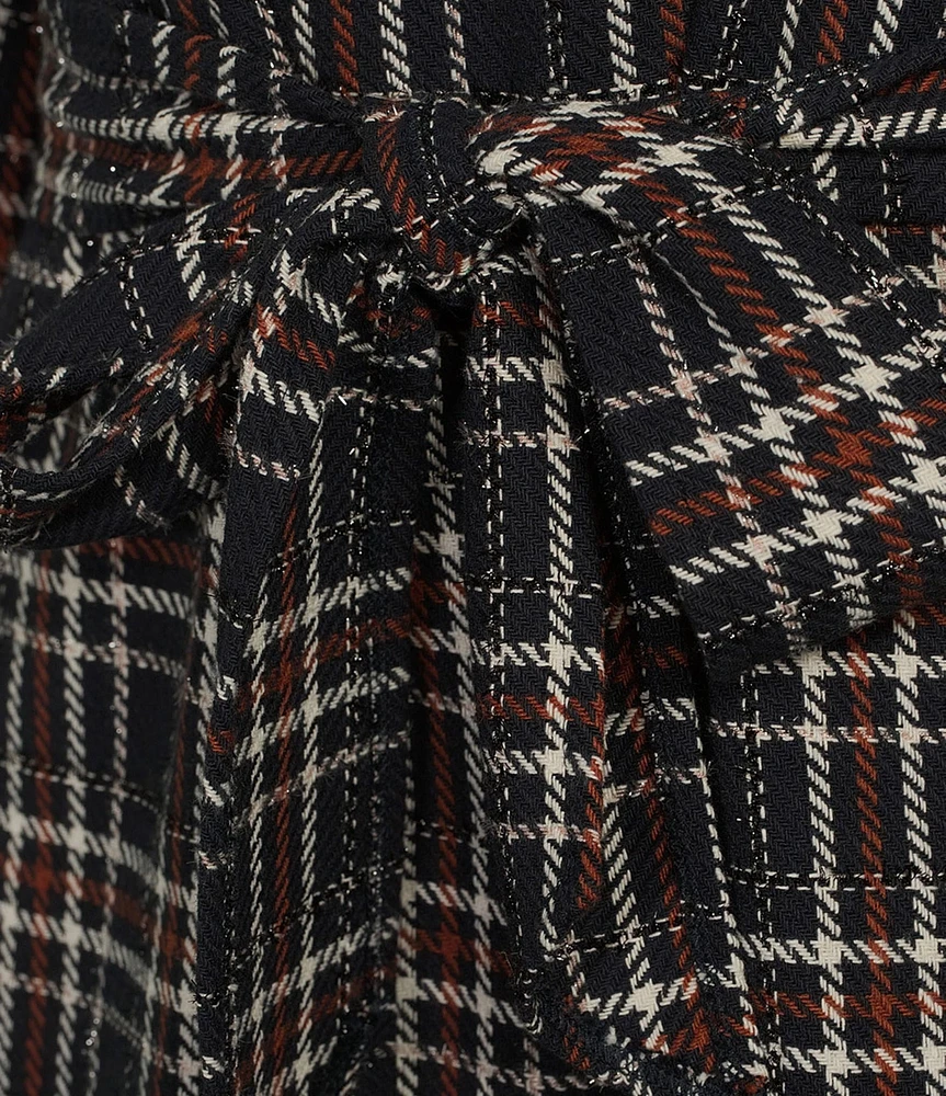 Fanm Mon Layla Tweed Floral Embroidered Mock Neck Wide 3/4 Sleeve Tie Waist Dress