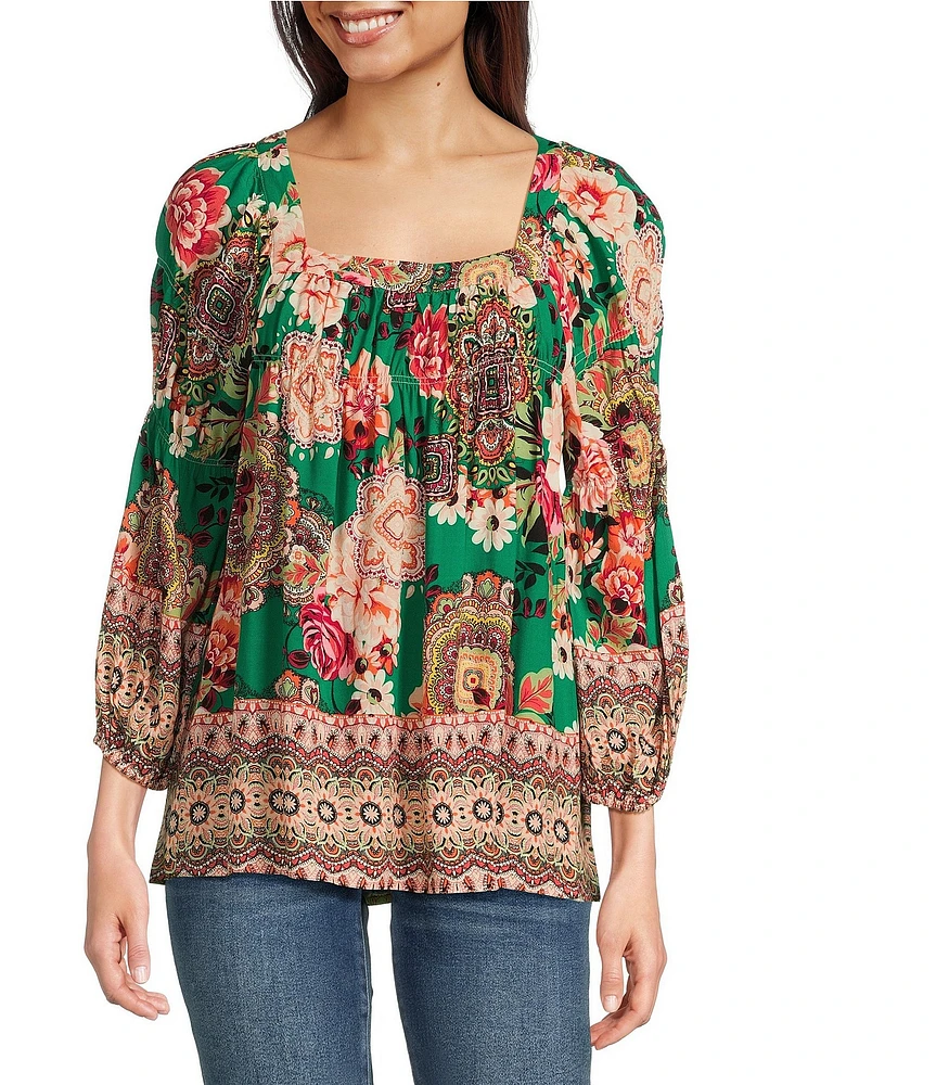 Figueroa & Flower Woven Border Print Square Neck 3/4 Sleeve Blouse