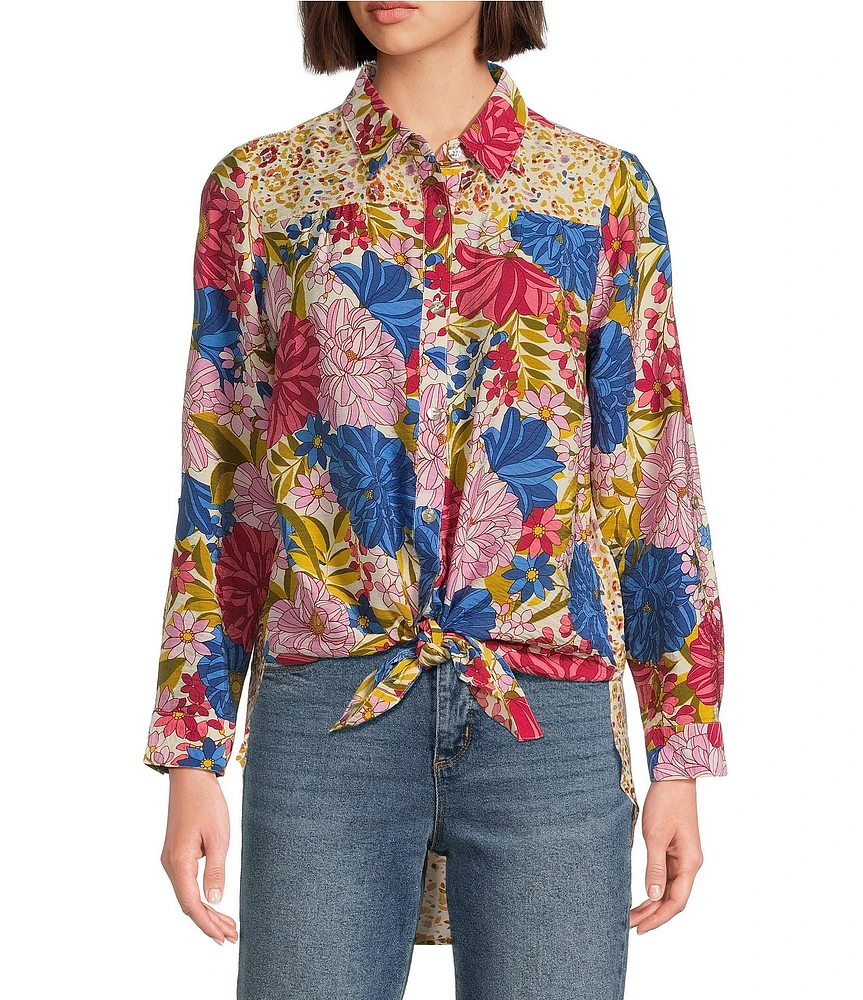 Figueroa & Flower Woven Floral Point Collar Long Roll-Tab Sleeve Button Front Blouse