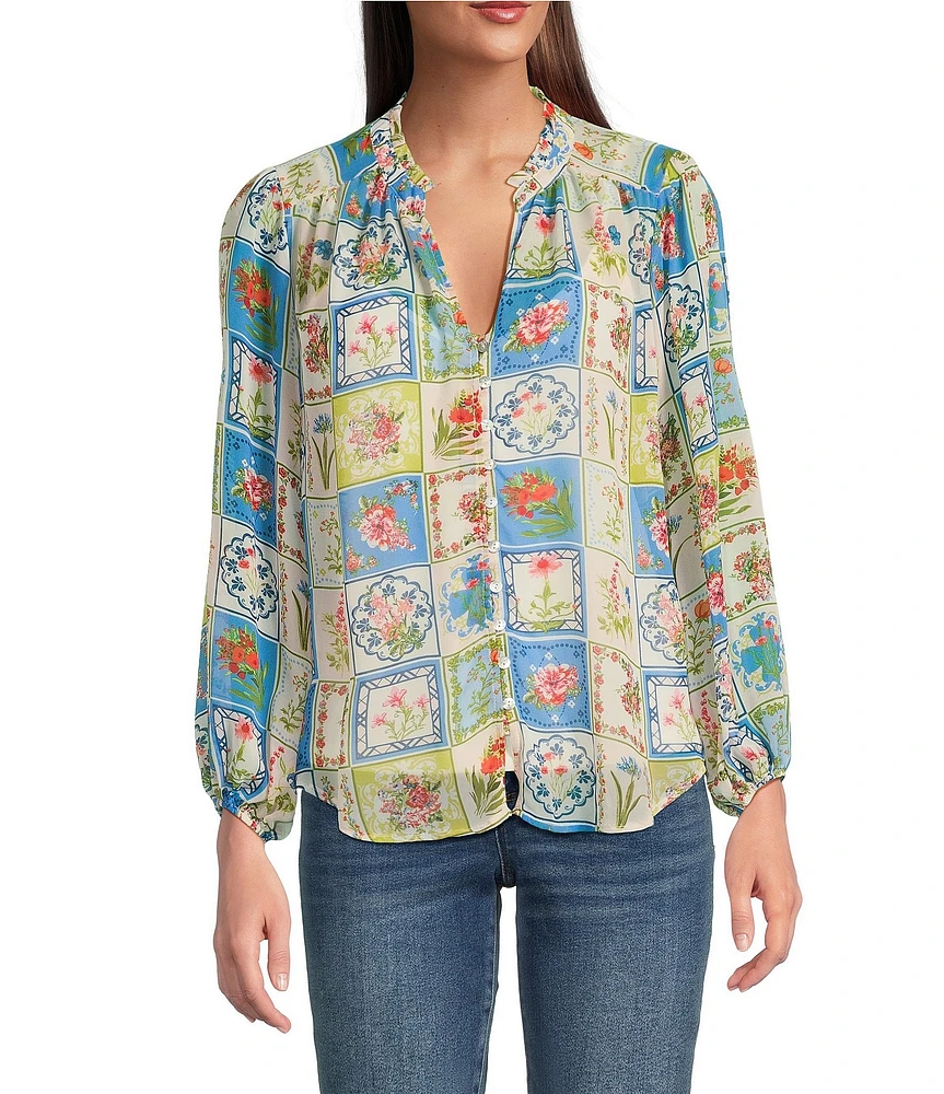 Figueroa & Flower Woven Patchwork Print Ruffled Split V-Neck Long Sleeve Button Front Blouse