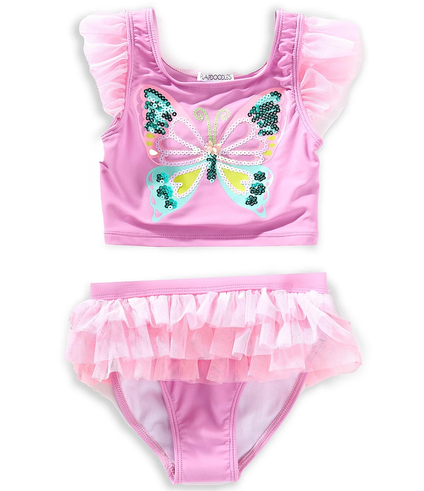 Flapdoodles Little Girls Butterfly Applique Flutter Sleeve Top & Ruffle Hipster Bottoms 2-Piece Swimsuit