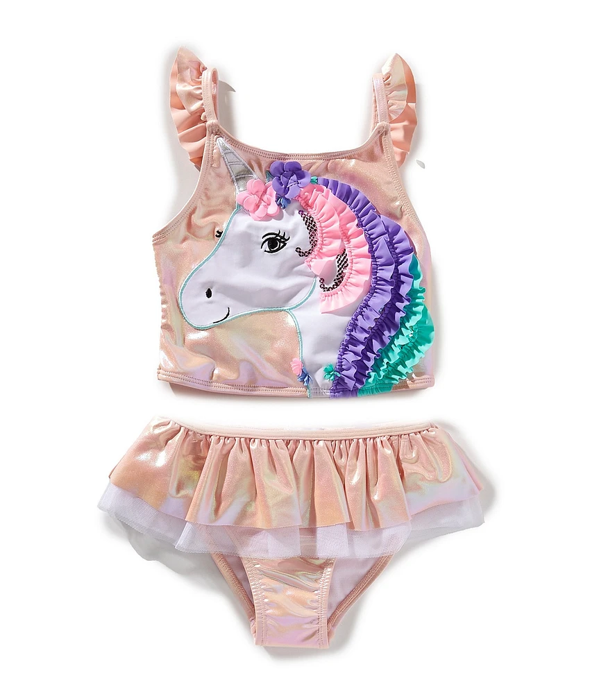 Flapdoodles Little Girls Foil Metallic Unicorn Tankini & Matching Hipster Bottom 2-Piece Swimsuit