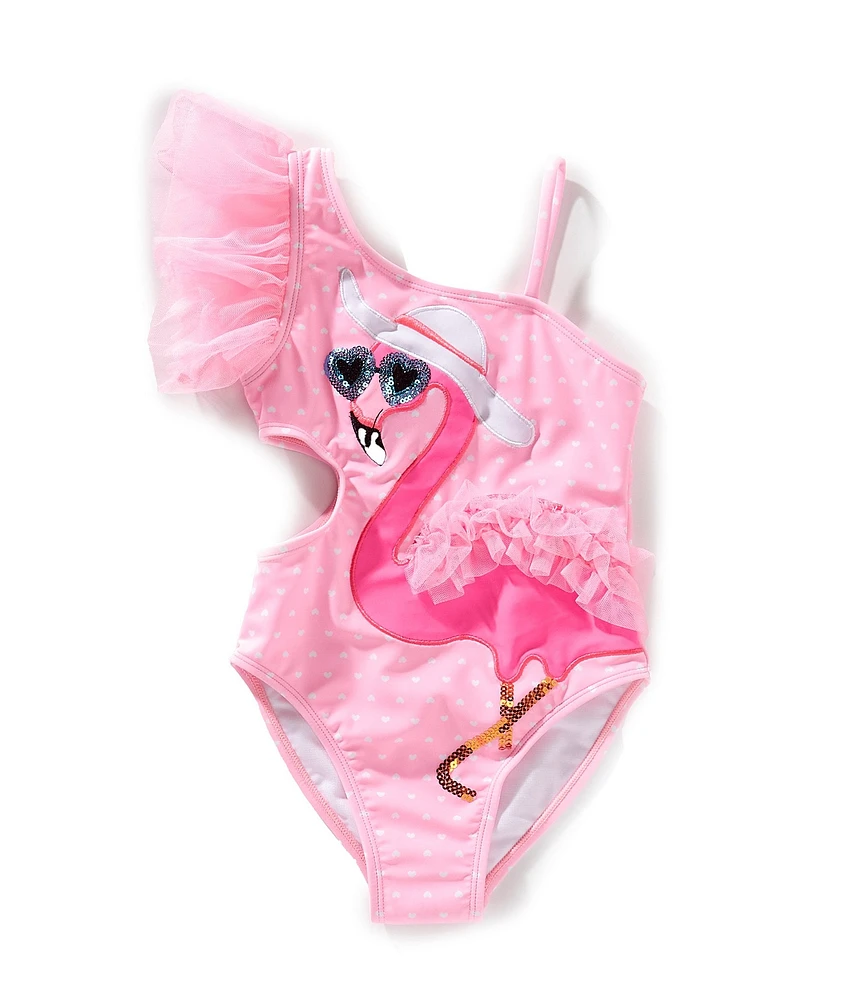Flapdoodles Little Girls One-Shoulder Ruffle Flamingo Applique One-Piece Swimsuit