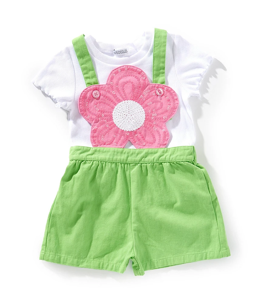 Flapdoodles Little Girls Sleeveless Flower Applique Romper & Short-Sleeve T-Shirt Set