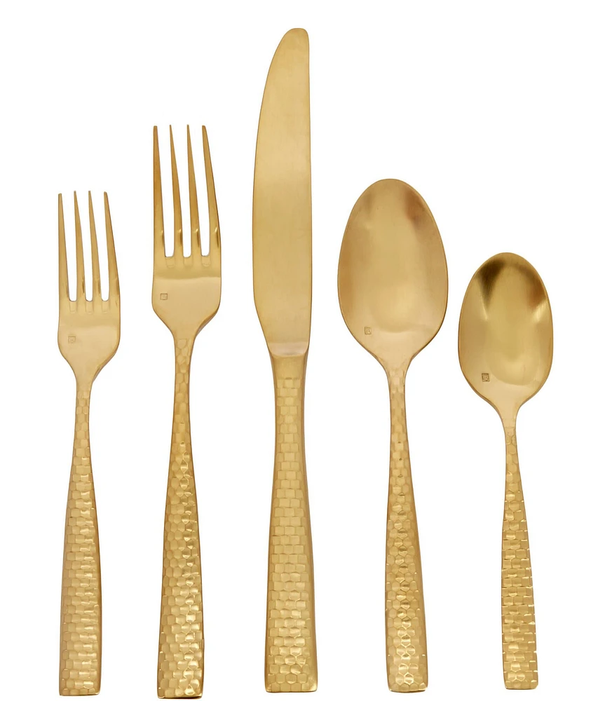 Fortessa Lucca Faceted Brushed Gold 5-Piece Stainless Steel Flatware Set