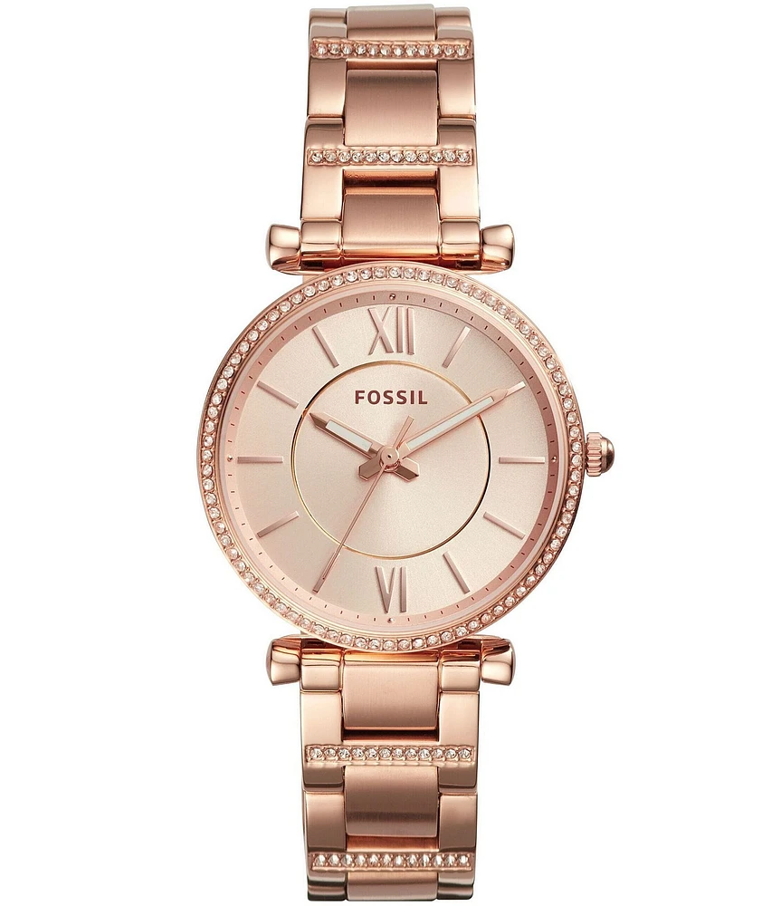 Fossil Carlie Three-Hand Rose Gold-Tone Stainless Steel Bracelet Watch
