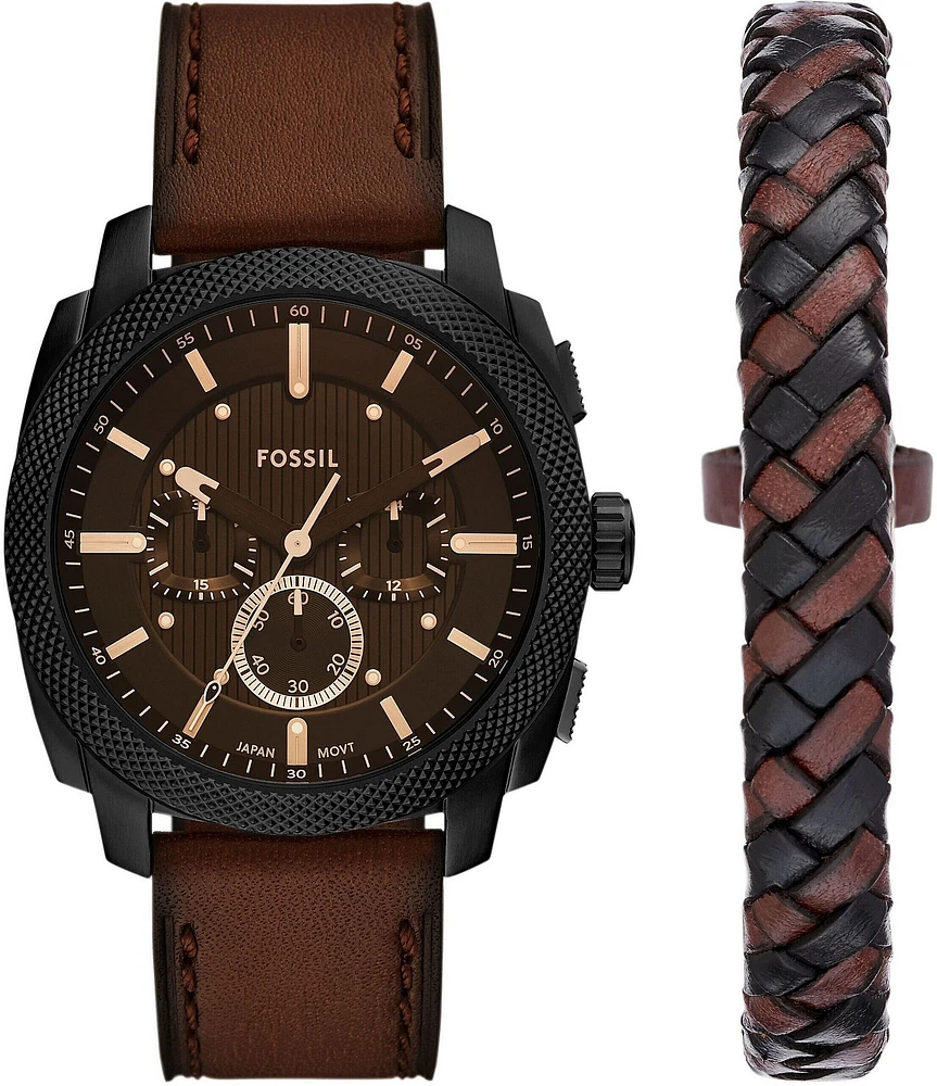 Fossil Men's Machine Quartz Chronograph Brown Leather Strap Watch and Bracelet Set