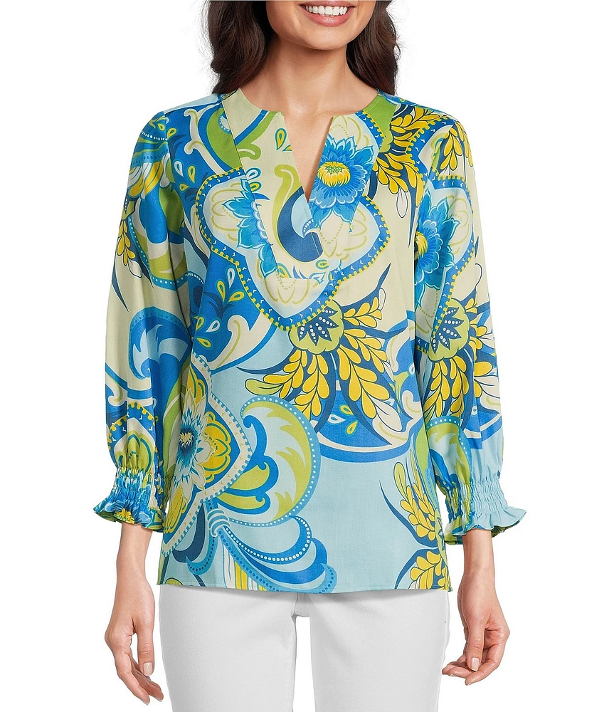 Foxcroft Alicia Floral Cotton Sateen 3/4 Sleeve V-Neck Top