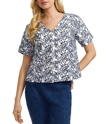 Foxcroft Isabel Floral Eyelet Elbow Sleeve Button Front Shirt