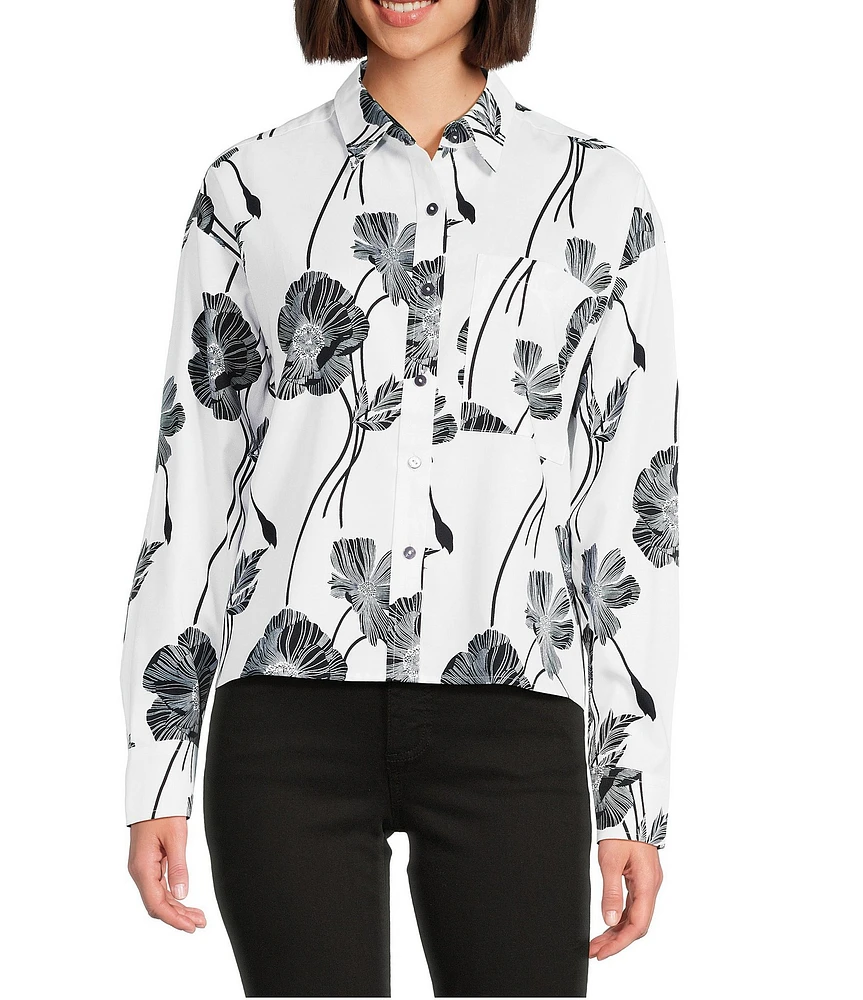 Foxcroft Marina Cotton Sateen Wrinkle Free Printed Point Collar Long Sleeve Button-Front Shirt