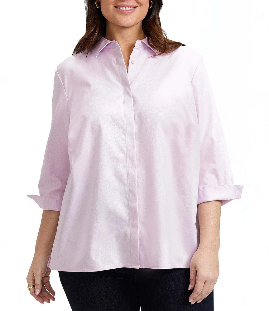 Foxcroft Plus Size Beatrice Stripe Point Collar 3/4 Sleeve Button Front Shirt