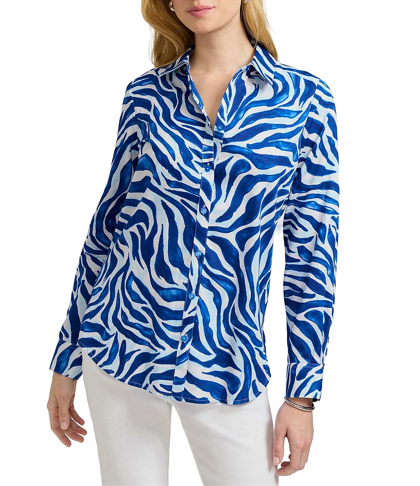 Foxcroft Zoey Zebra Print Point Collar Long Sleeve Button Front Shirt