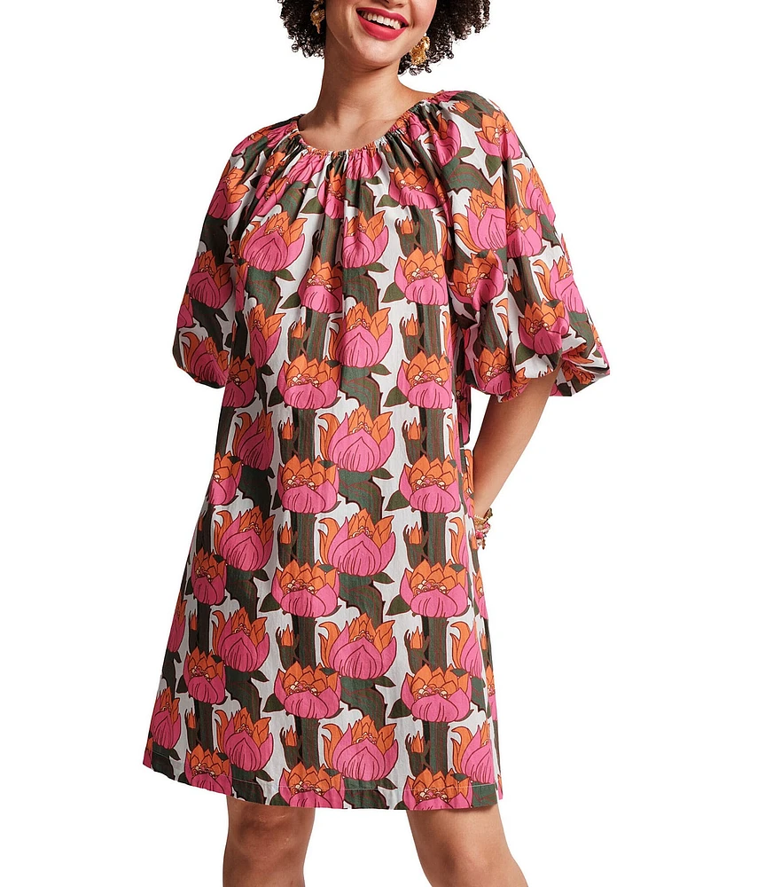 FRANCES VALENTINE Bliss Cotton Poplin Fireflower Print Scoop Neck 3/4 Sleeve Dress