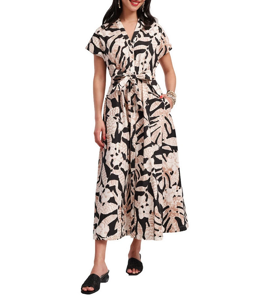 FRANCES VALENTINE Eve Sketchy Jungle Print Point Collar Short Sleeve Tie Waist Midi Dress