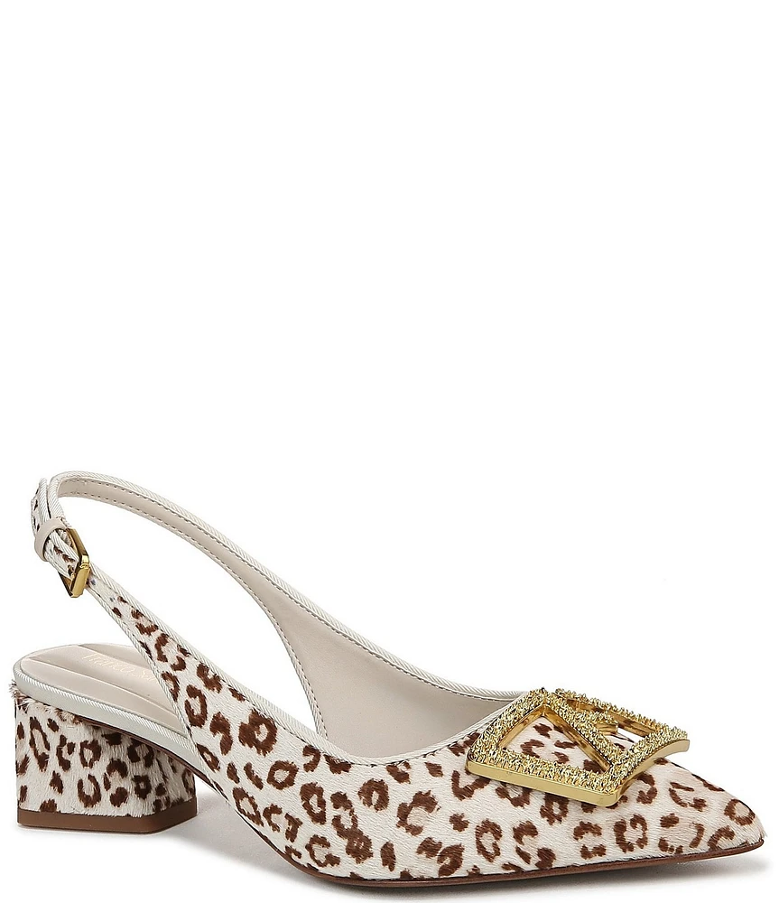 Franco Sarto Racer 5 Leopard Print Calf Hair Ornamented Slingback Block Heel Pumps