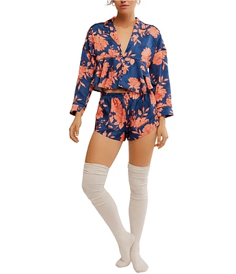Free People Beauty Sleep Satin Floral Print Long Sleeve Notch Collar Shorty Pajama Set