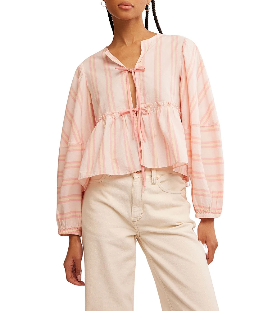 Free People Brunch Babe Stripe Print V-Neck Tie Front Long Sleeve Blouse