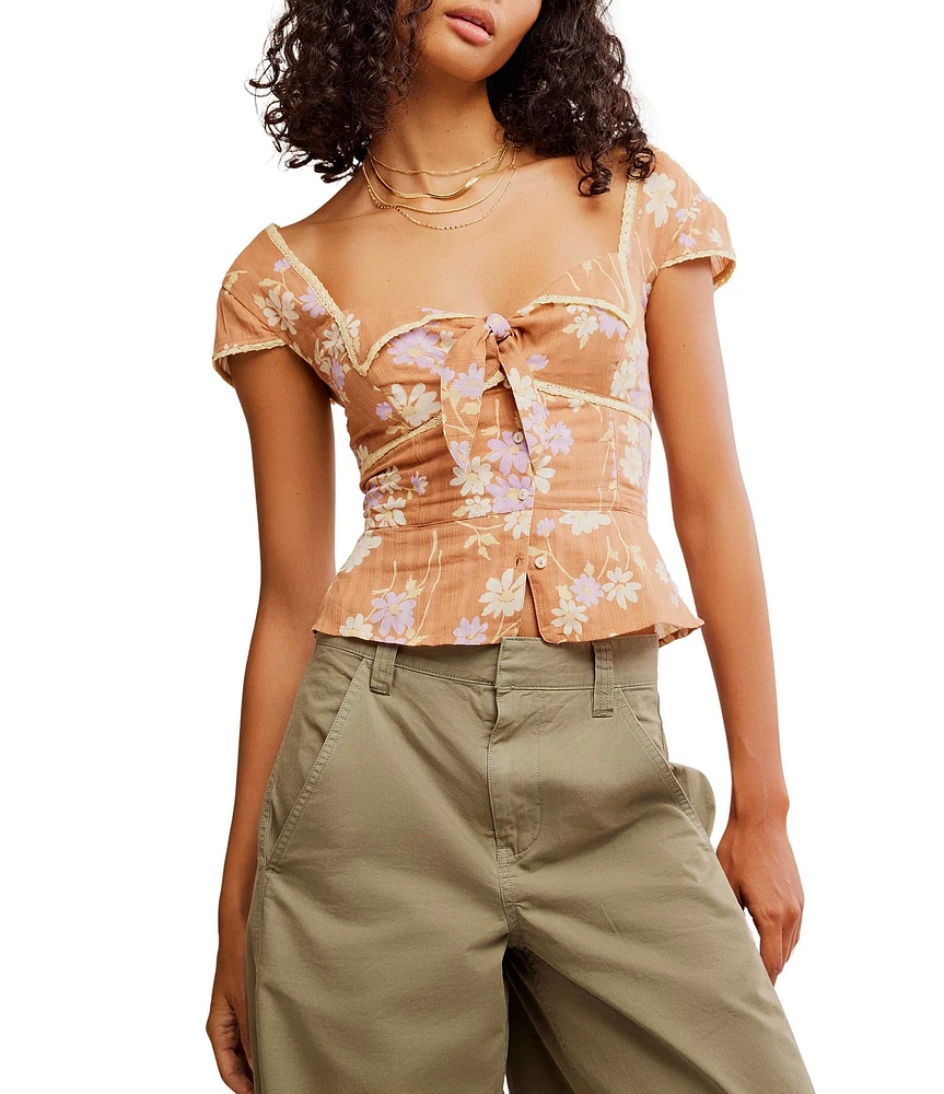 Free People Call Me Baby Floral Printed Sweetheart Neck Short Sleeve Blouse