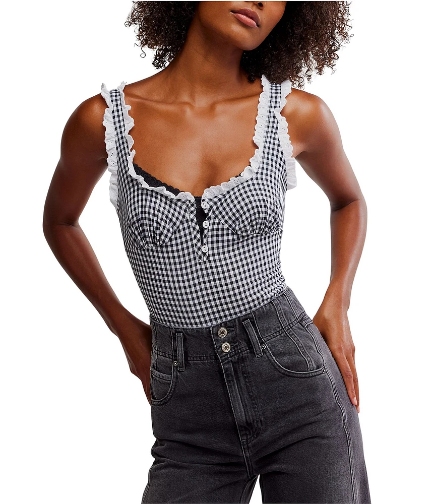 Free People Cassie Gingham Print Sweetheart Neck Sleeveless Bodysuit