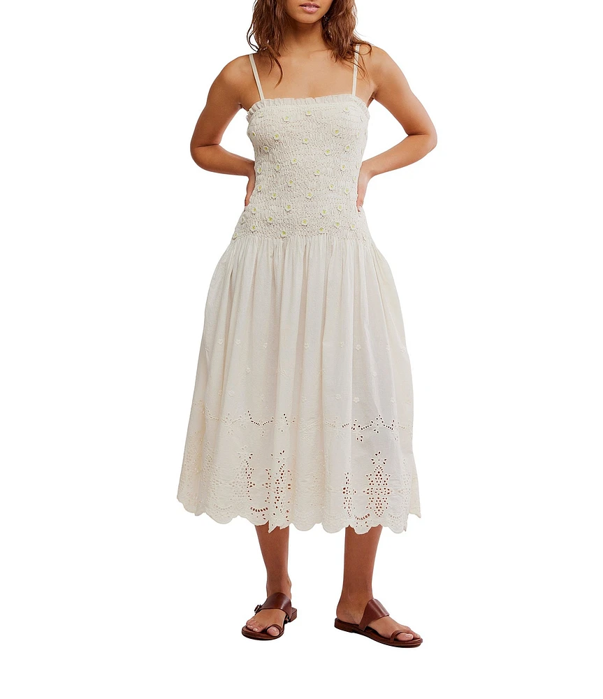 Free People Daphne Embroidered Floral Applique Square Neck Sleeveless Smocked Drop Waist Midi Dress