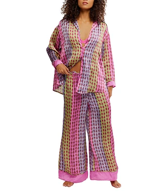 Free People Dreamy Days Allover Geo Striped Print Satin Notch Collar Long Sleeve Wide Leg Oversized Pajama Set