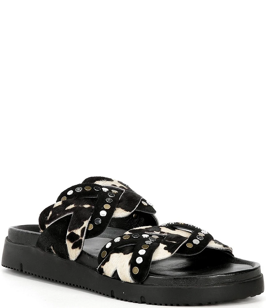 Free People Leo Studded Leather Cow Print Banded Flat Slide Sandals